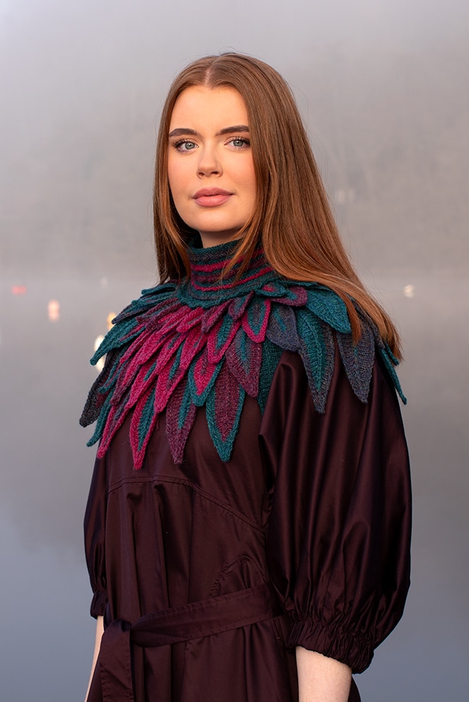 Ruffled Raven Collar patterncard kit design by Alice Starmore in Hebridean 2 Ply yarn