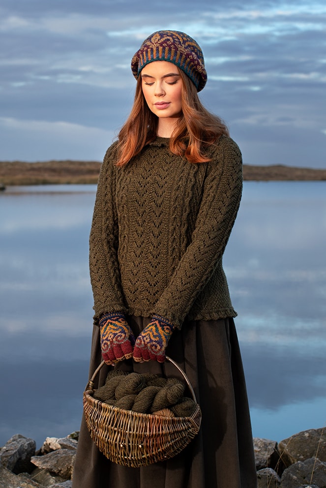 Maidenhair Pullover patterncard kit design by Alice Starmore in Hebridean 3 Ply yarn