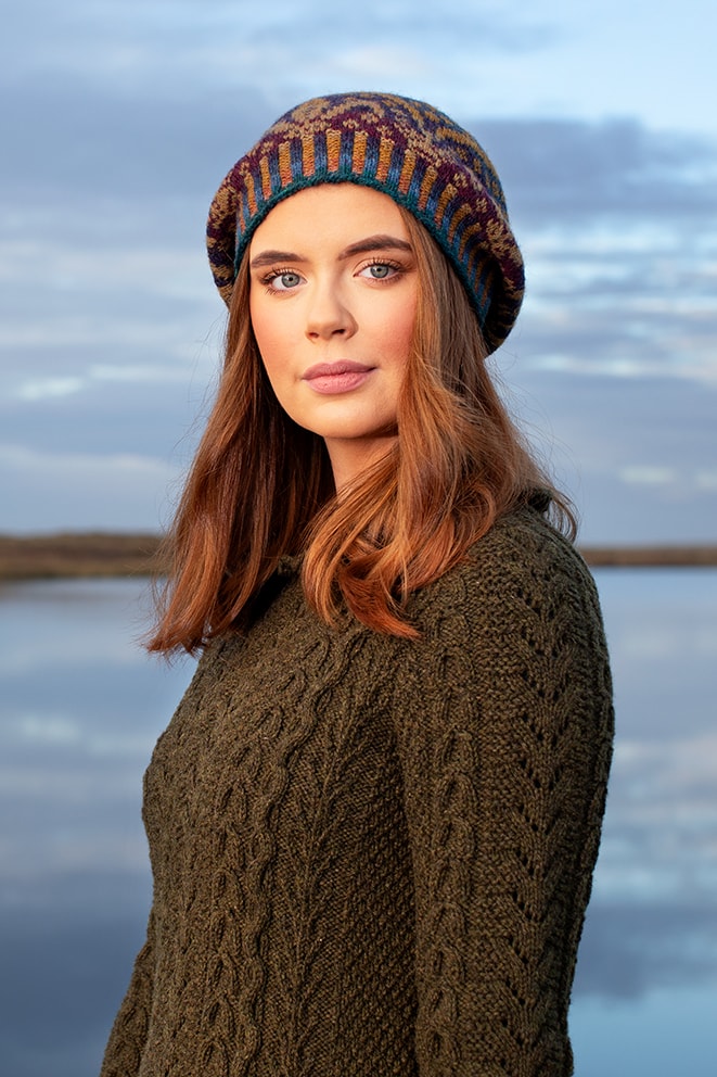Maidenhair Pullover patterncard kit design by Alice Starmore in Hebridean 3 Ply yarn