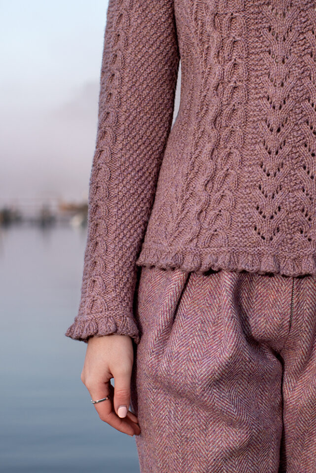 Maidenhair Pullover patterncard kit design by Alice Starmore in Hebridean 3 Ply yarn