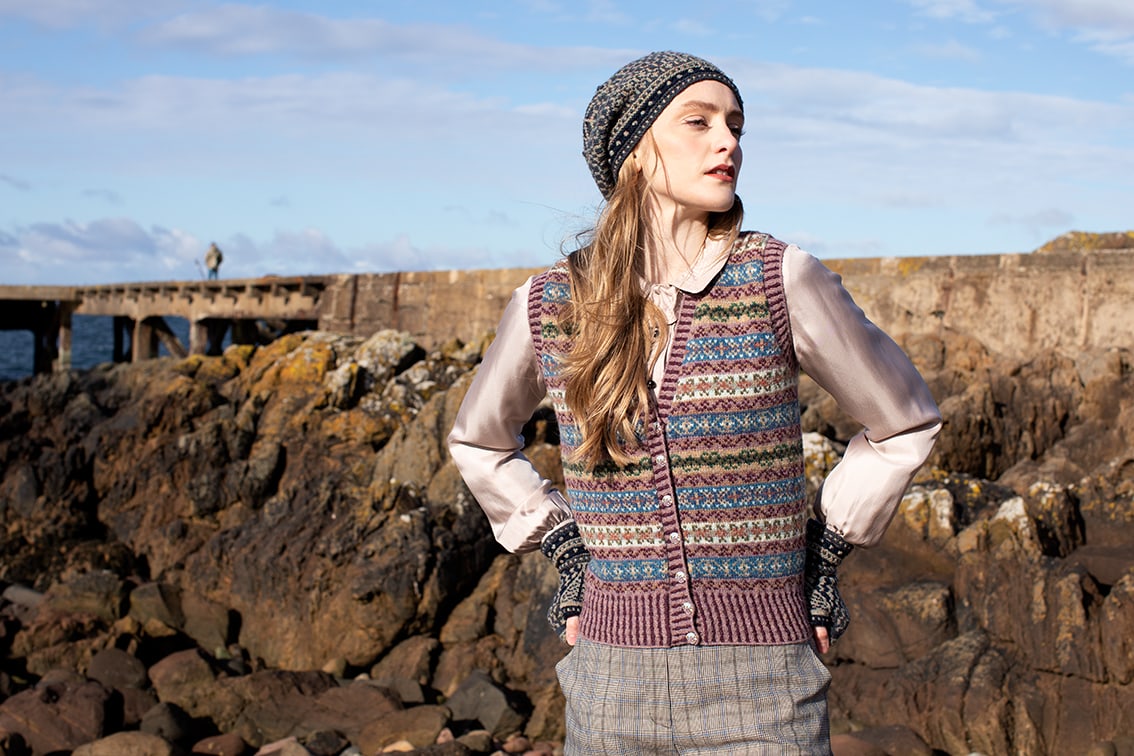 Peigi Waistcoat patterncard kit design by Alice Starmore in Hebridean 2 Ply yarn