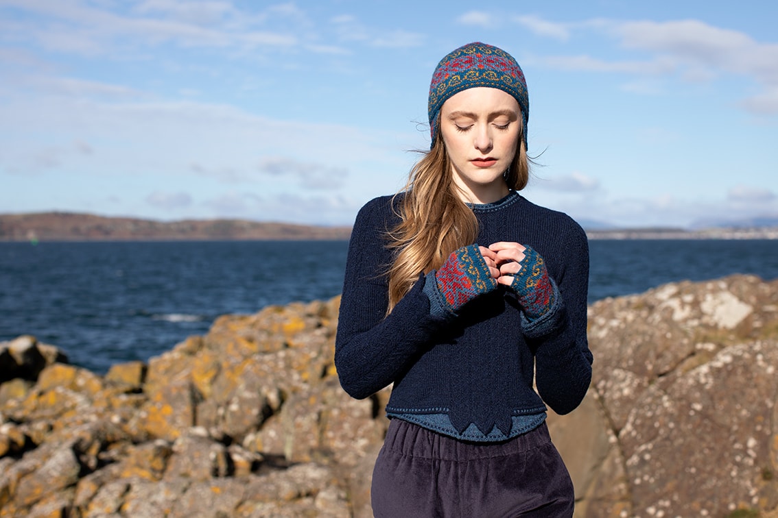 Capillifolium Hat Set patterncard knitwear design by Alice Starmore in pure wool Hebridean 2 Ply hand knitting yarn