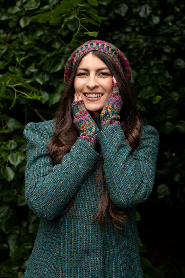 Firebirds Hat Set patterncard kit design by Jade Starmore in Hebridean 2 Ply yarn