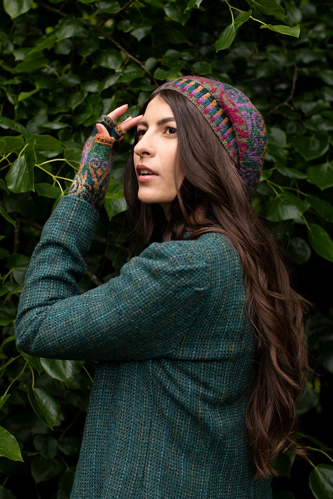 Firebirds Hat Set patterncard kit design by Jade Starmore in Hebridean 2 Ply yarn