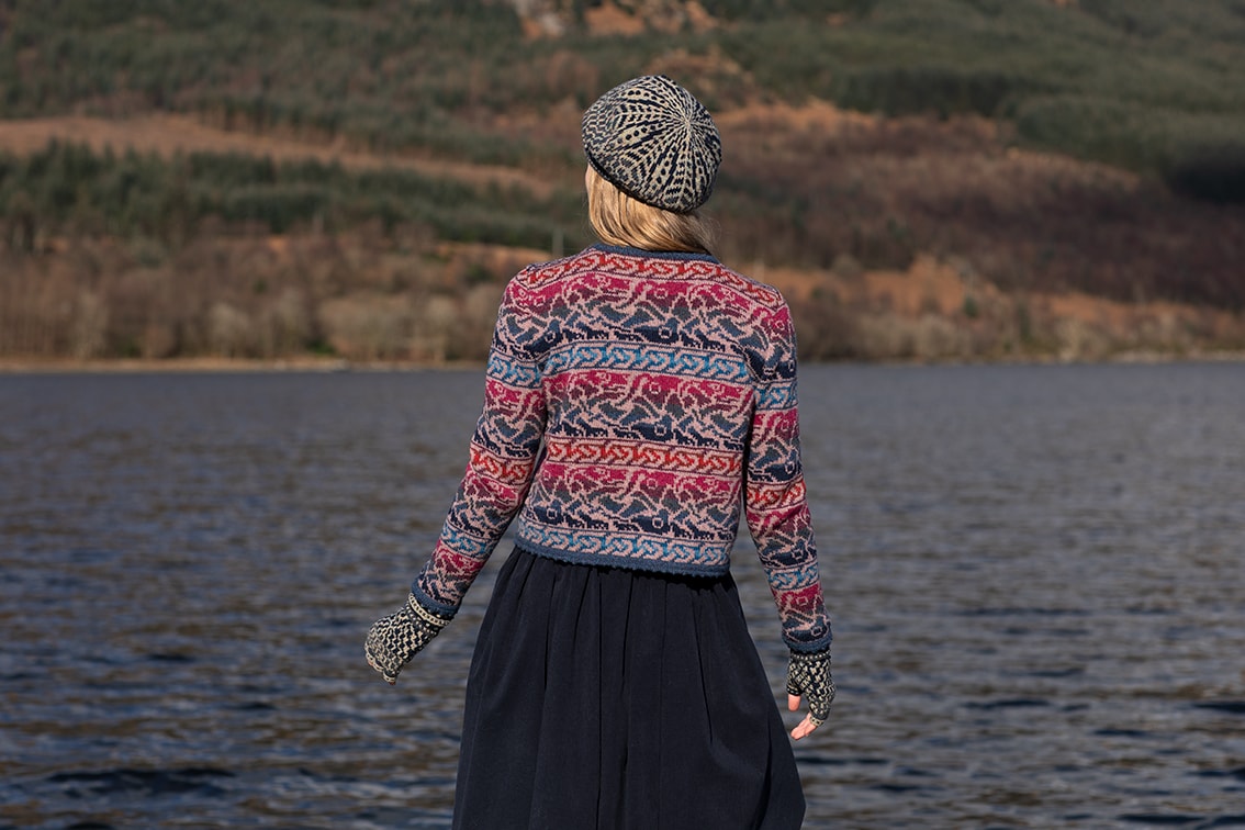 Erin Cardigan and Briodag Hat Set patterncard kits by Alice Starmore in Hebridean 2 Ply yarn