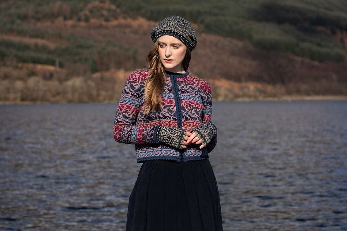Erin Cardigan and Briodag Hat Set patterncard kits by Alice Starmore in Hebridean 2 Ply yarn